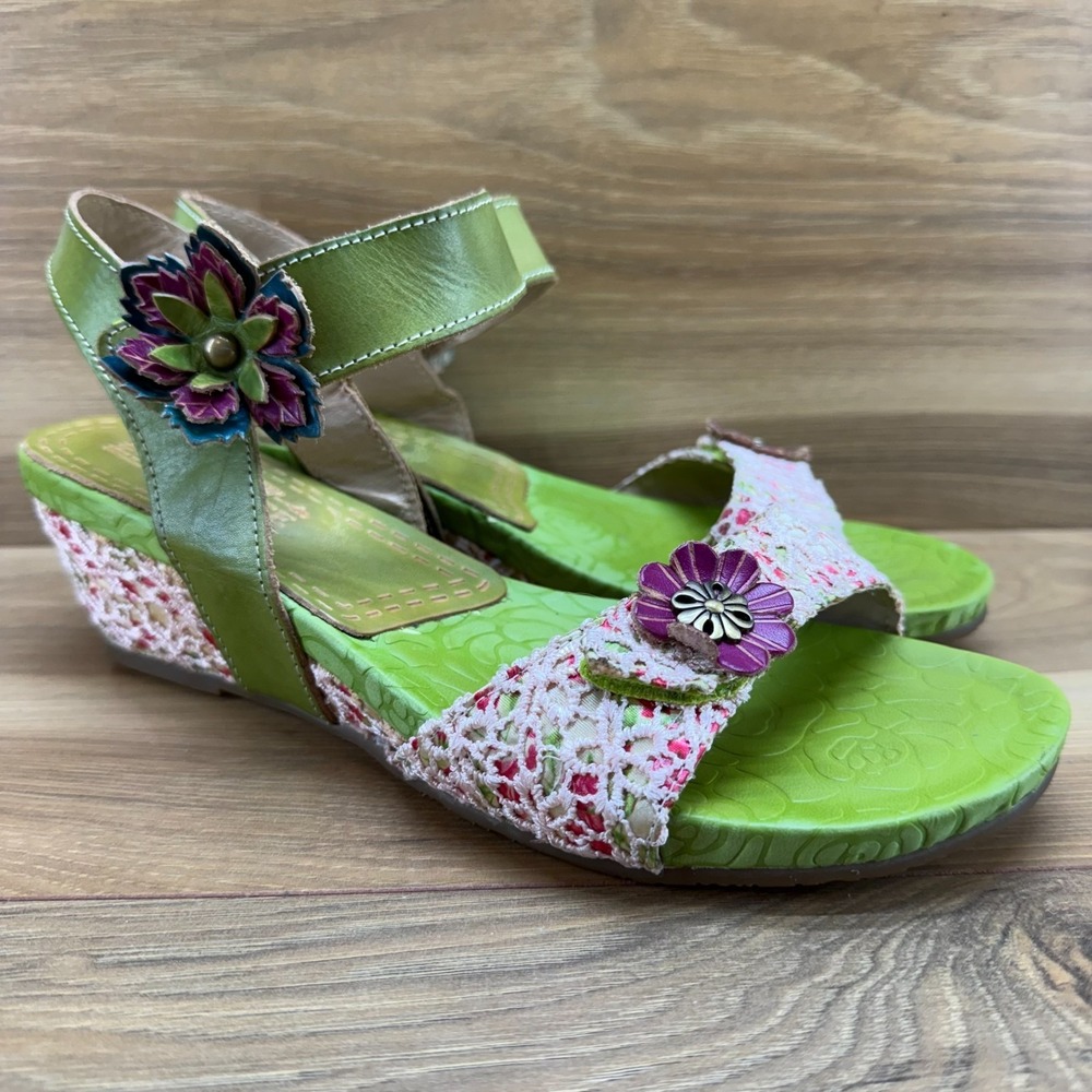 Lartiste Spring Step Laises Wedge Sandals 10 10.5 EU 41 Green Purple Floral